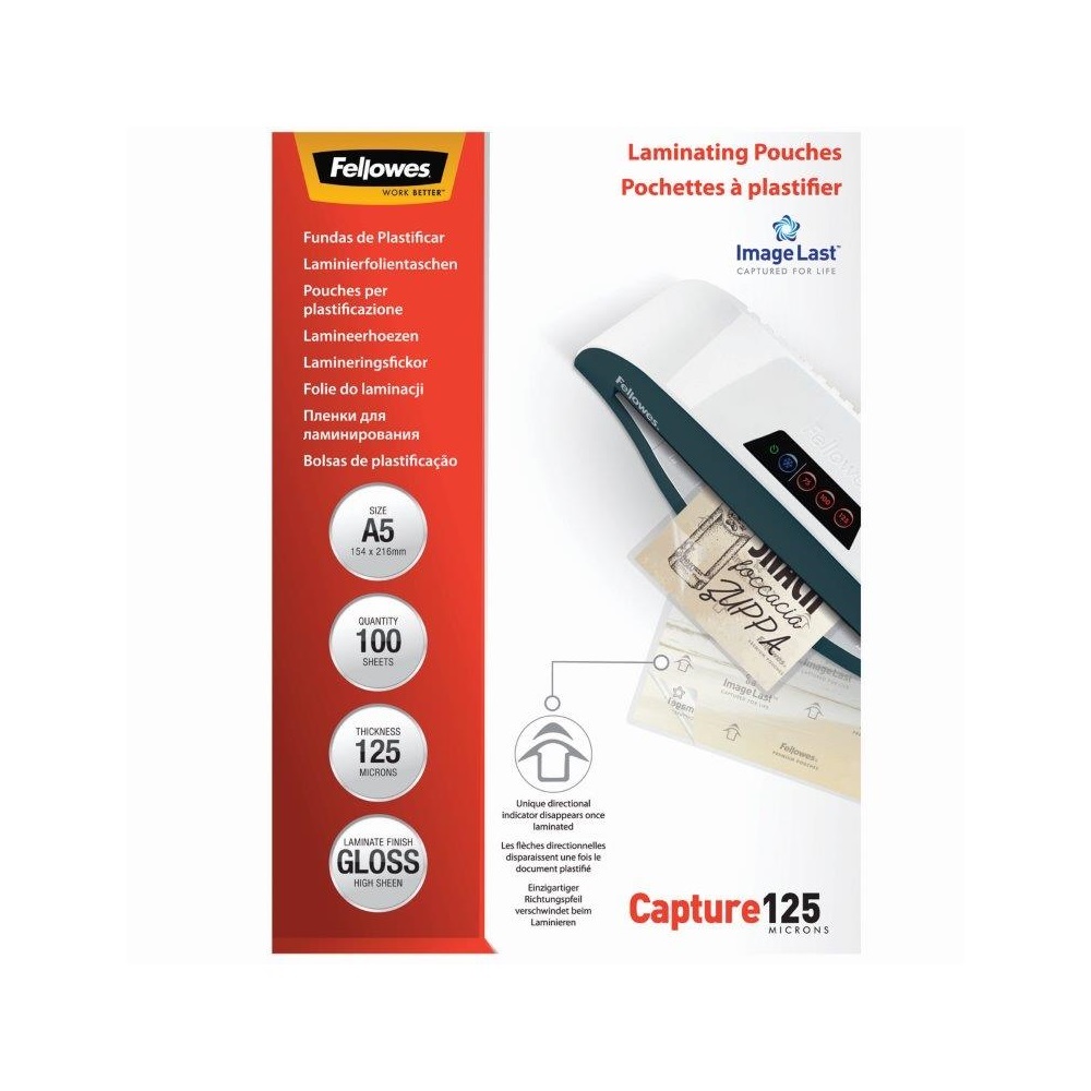 Lamináló fólia, A5, 125 mikron, fényes, 100 db/doboz, Fellowes® - Image 2