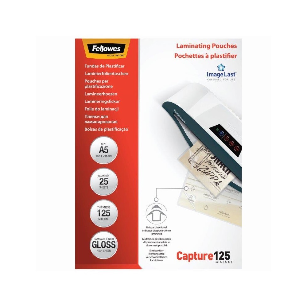 Lamináló fólia, A5, 125 mikron, fényes, 25 db/doboz, Fellowes® - Image 2