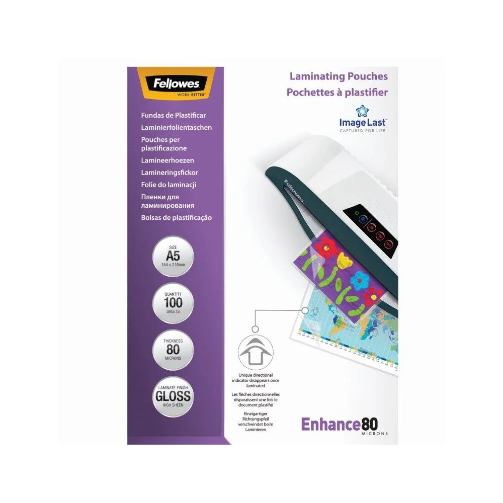 Lamináló fólia, A5, 80 mikron, fényes, 100 db/doboz, Fellowes® - Image 2