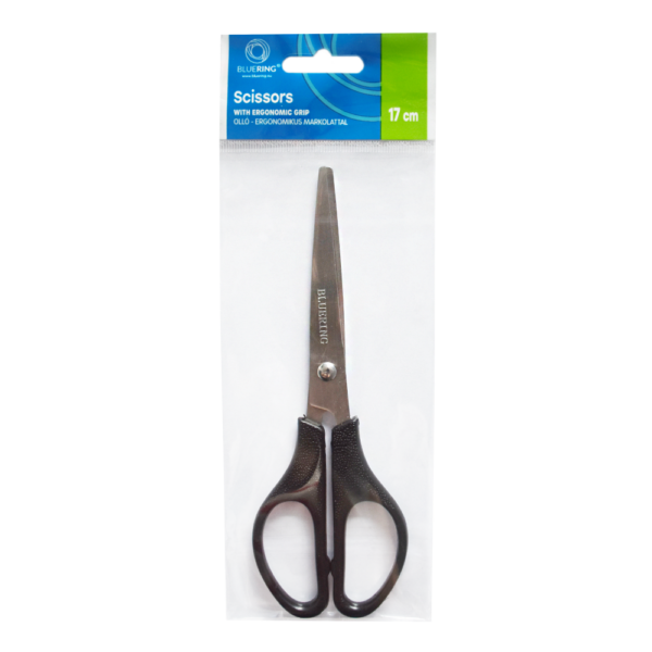 Olló 17cm, műanyag fekete nyél hegyes penge Bluering®