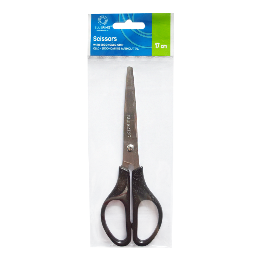 Olló 17cm, műanyag fekete nyél hegyes penge Bluering®