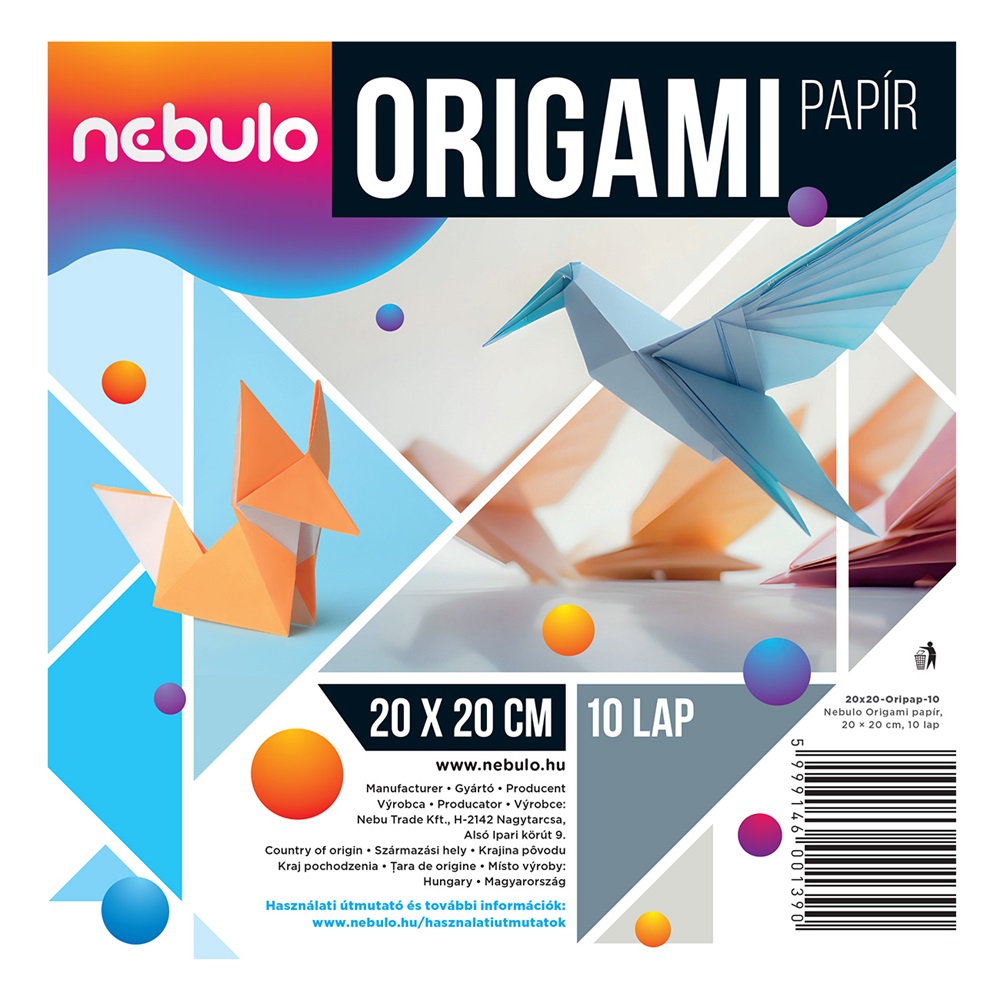 Origami papír 20x20 cm, vegyes színek, 10 lap/csomag, Nebulo