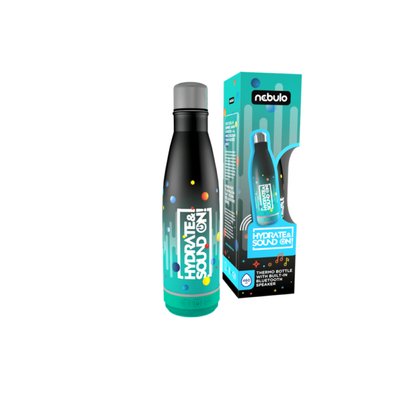 Palack, thermo, beépített bluetooth hangszóróval 460 ml fekete-türkiz, Nebulo