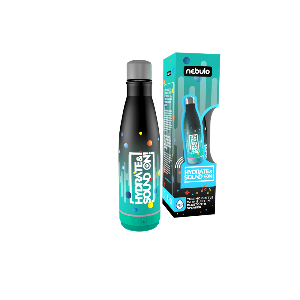 Palack, thermo, beépített bluetooth hangszóróval 460 ml fekete-türkiz, Nebulo