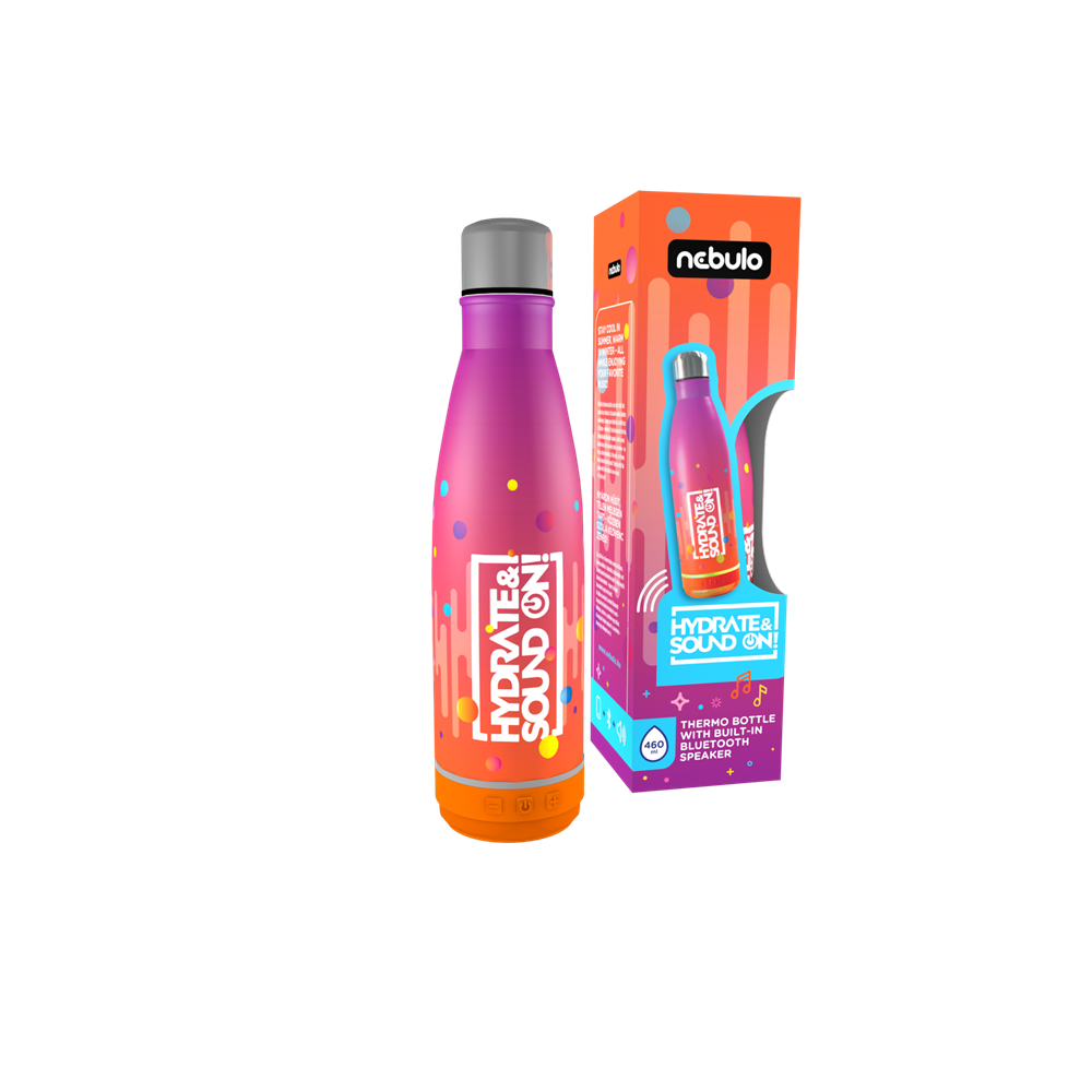 Palack, thermo, beépített bluetooth hangszóróval 460 ml rózsa-narancs, Nebulo