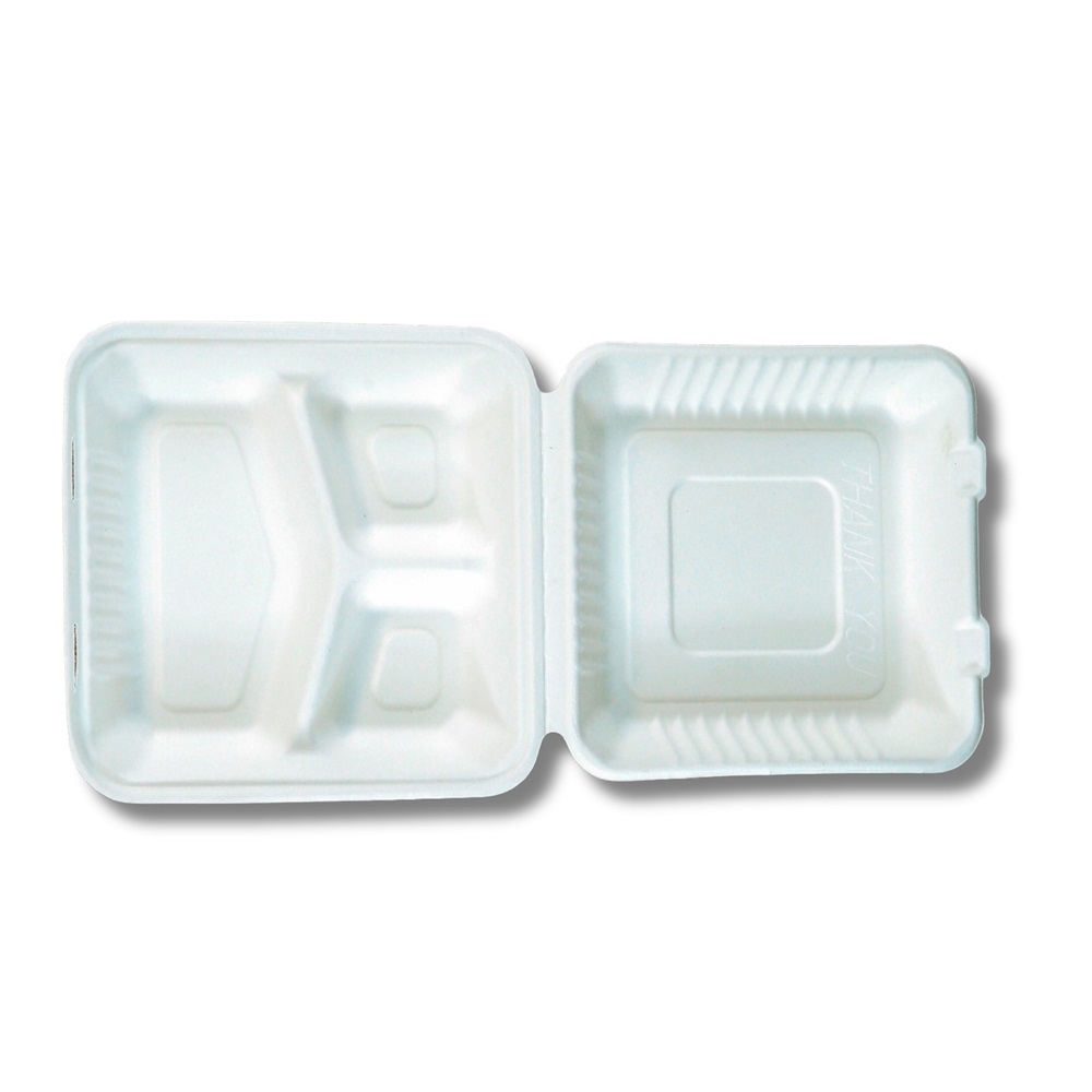 Papírdoboz ételes 3 részes 23 x 23 x 8cm komposztálható cukornád 100 db/csomag natúr