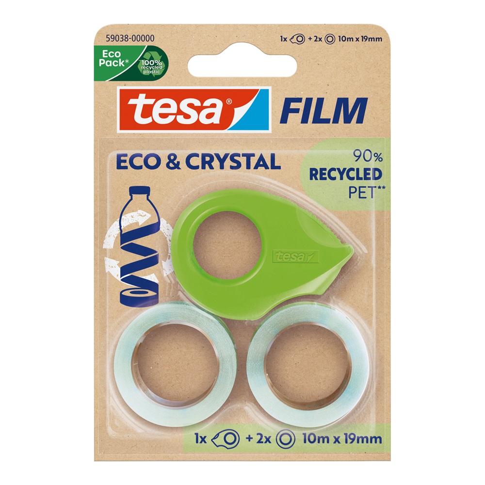 Ragasztószalag 19mmx10m irodai újrahasznosított 2 db víztiszta szalag+adagoló Tesa Eco & Crystal