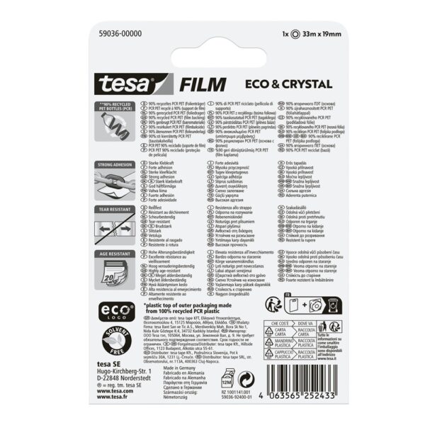 Ragasztószalag 19mmx33m irodai átlátszó újrahasznosított Tesa Eco & Crystal