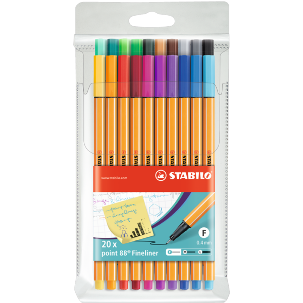 Rostirón, tűfilc készlet, 0,4mm, 8820 Stabilo Point 88, 20 klf. szín