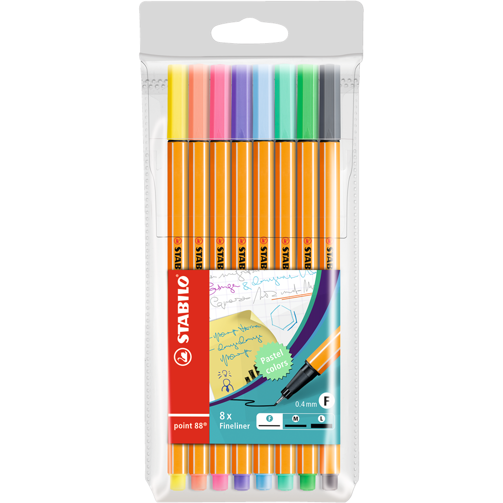 Rostirón, tűfilc készlet, 0,4mm, STABILO Point 88, 8 klf. pasztell szín
