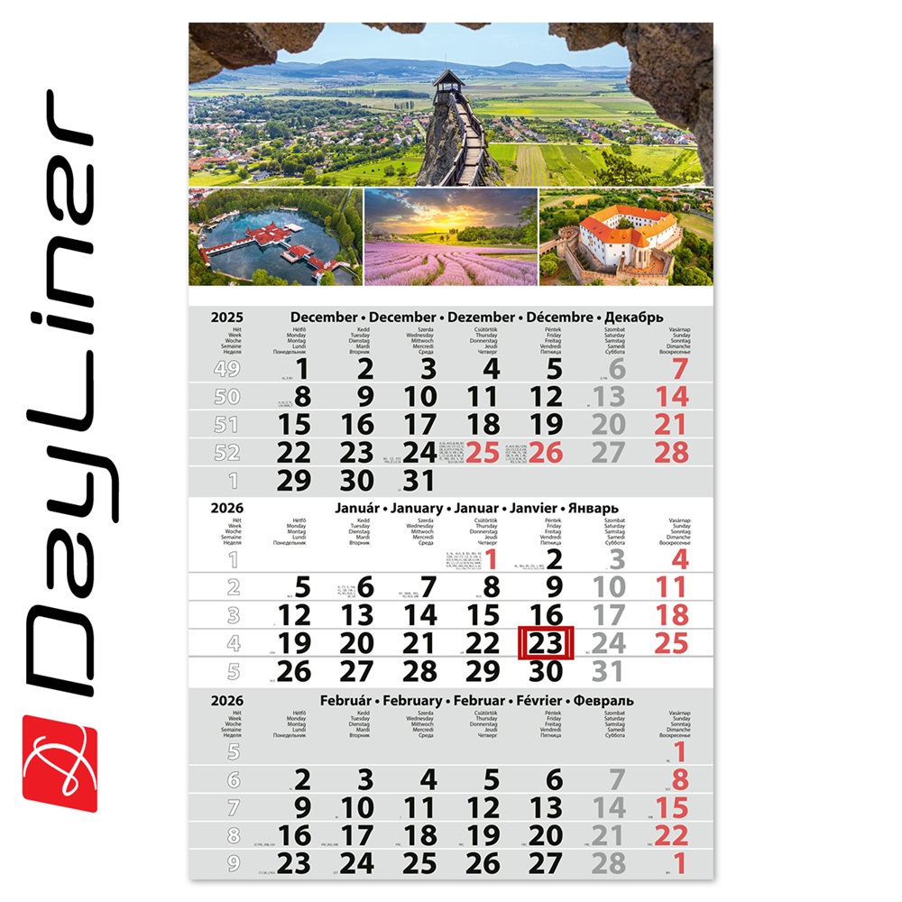 Speditőr naptár 1 tömb, 3 hónap Primus Classic 300 × 480 mm, fehér lapokkal Magyarország Dayliner 2026.