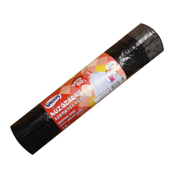 Szemeteszsák zárószalagos 60 liter 58 x 68 cm 10 db/tekercs Glossy fekete
