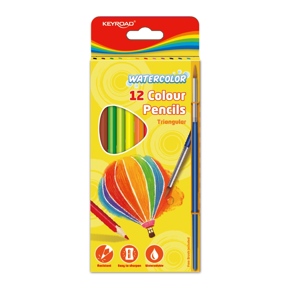 Színes ceruza készlet akvarell, háromszögletű ecsettel Keyroad Aqua Fun 12 klf. szín