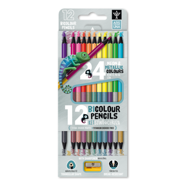 Színes ceruza készlet, kétvégű , 12/24, hegyezővel Ars Una 24 klf. neon/metál szín,