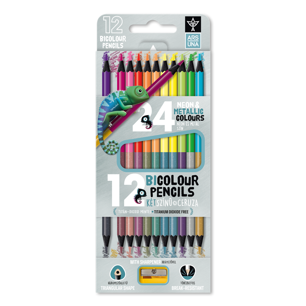 Színes ceruza készlet, kétvégű , 12/24, hegyezővel Ars Una 24 klf. neon/metál szín,