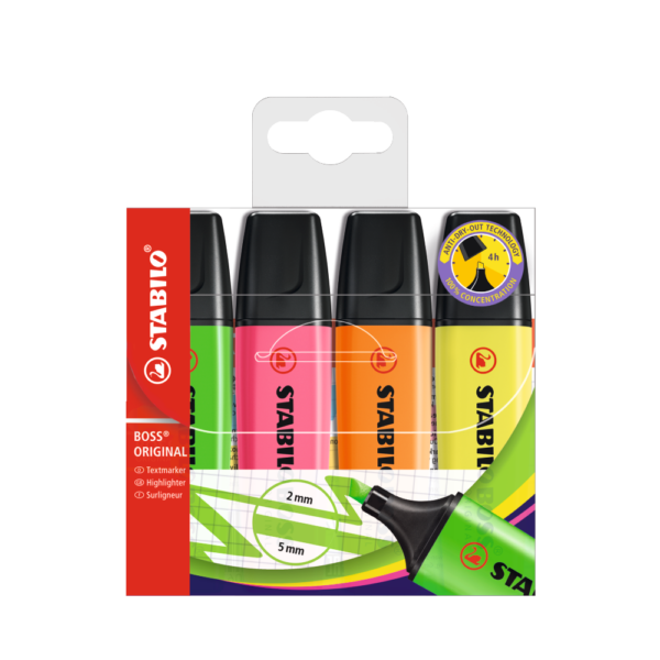 Szövegkiemelő készlet 2-5mm, vágott hegyű, STABILO Boss original, 4 klf. szín