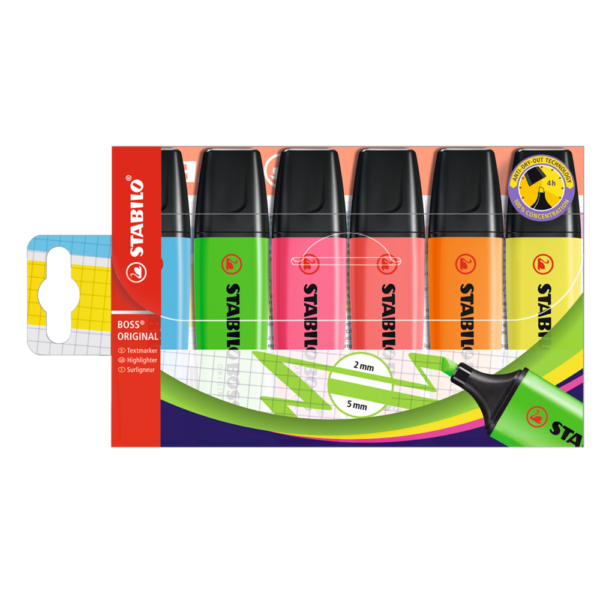 Szövegkiemelő készlet 2-5mm, vágott hegyű, STABILO Boss original, 6 klf. szín