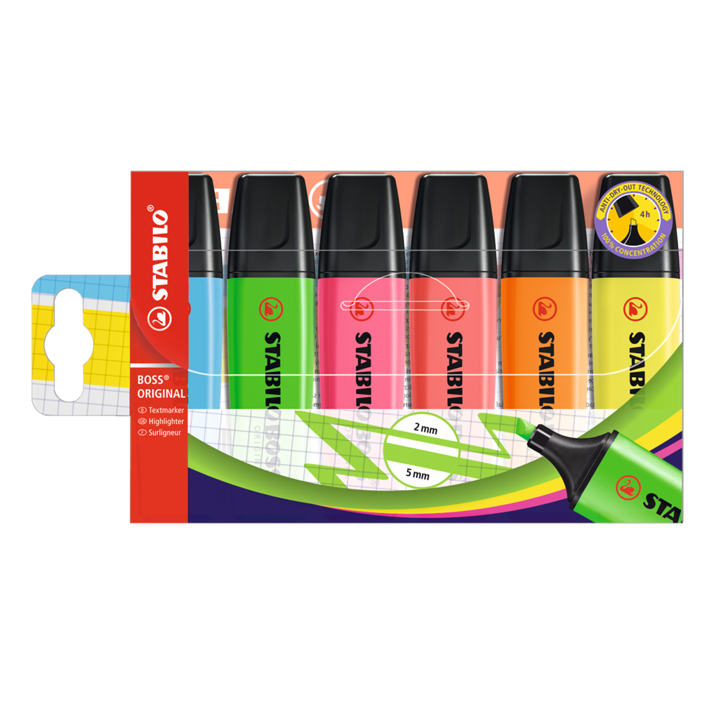 Szövegkiemelő készlet 2-5mm, vágott hegyű, STABILO Boss original, 6 klf. szín
