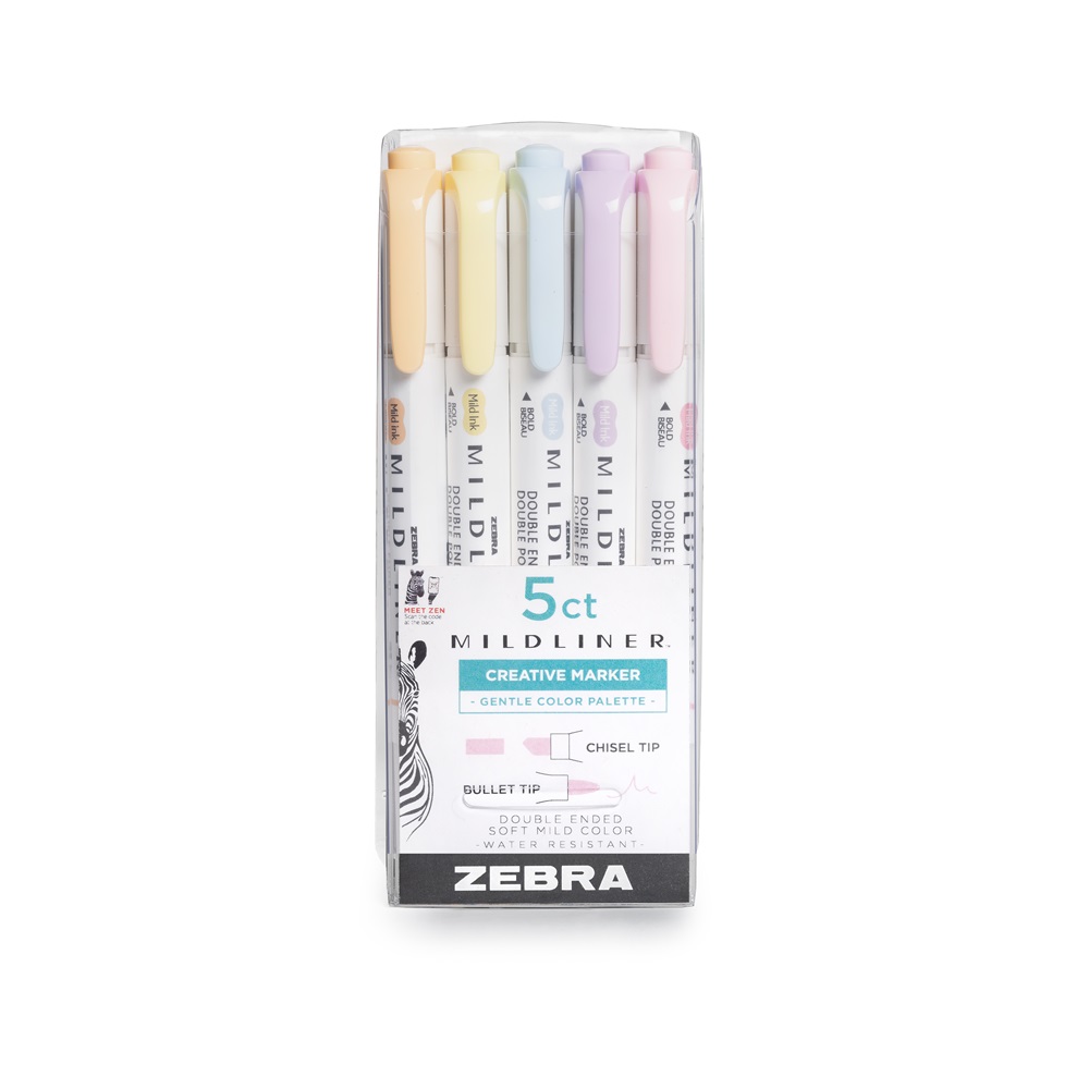 Szövegkiemelő készlet, 1,4/4 mm, kétvégű, Zebra Mildliner Highlighter Gentle, 5 különböző szín