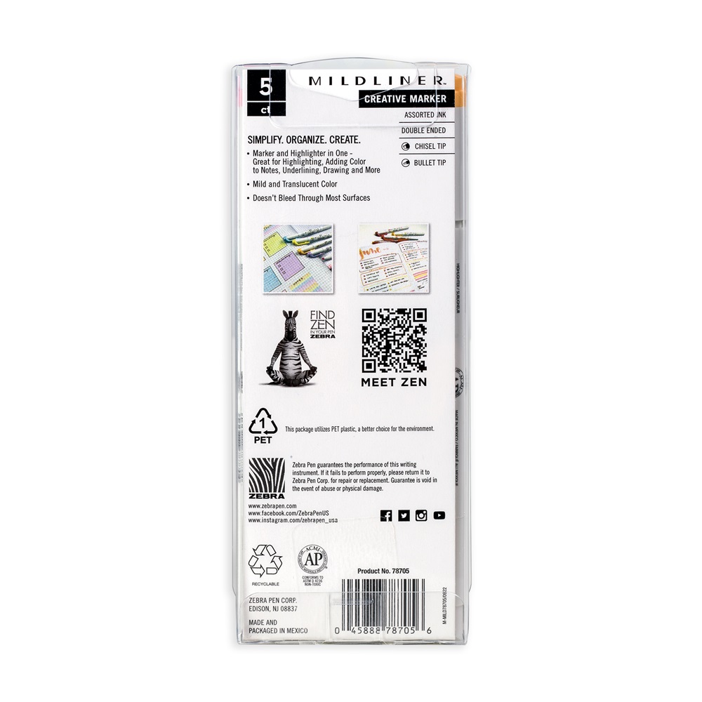 Szövegkiemelő készlet, 1,4/4 mm, kétvégű, Zebra Mildliner Highlighter Gentle, 5 különböző szín - Image 2