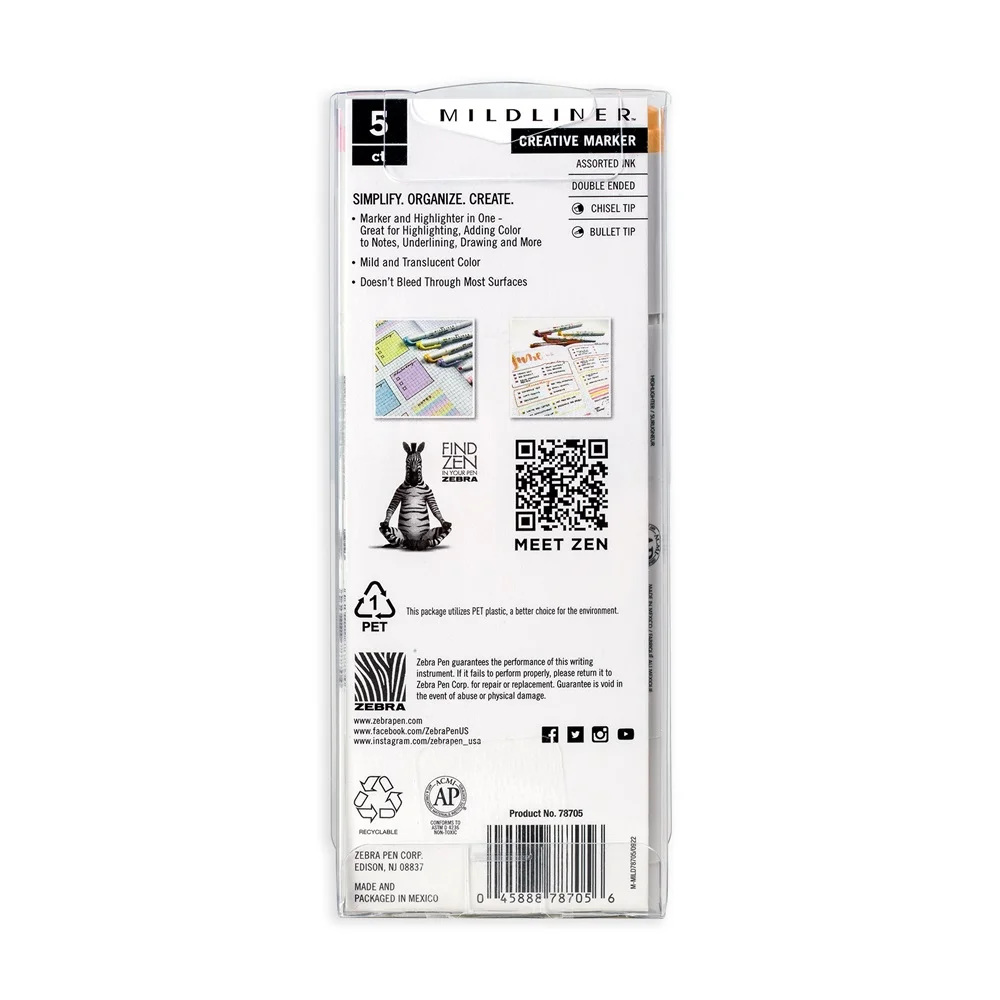 Szövegkiemelő készlet, 1,4/4 mm, kétvégű, Zebra Mildliner Highlighter Gentle, 5 különböző szín - Image 2