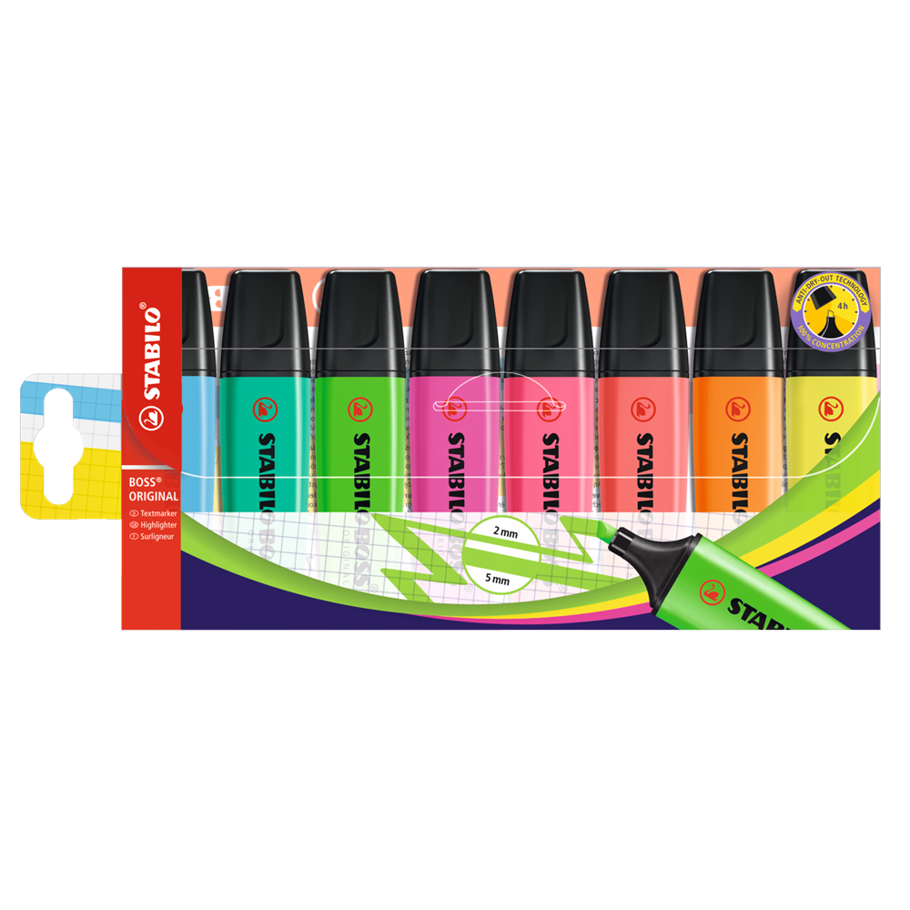 Szövegkiemelő készlet 2-5mm, vágott hegyű STABILO Boss original, 8 klf. szín