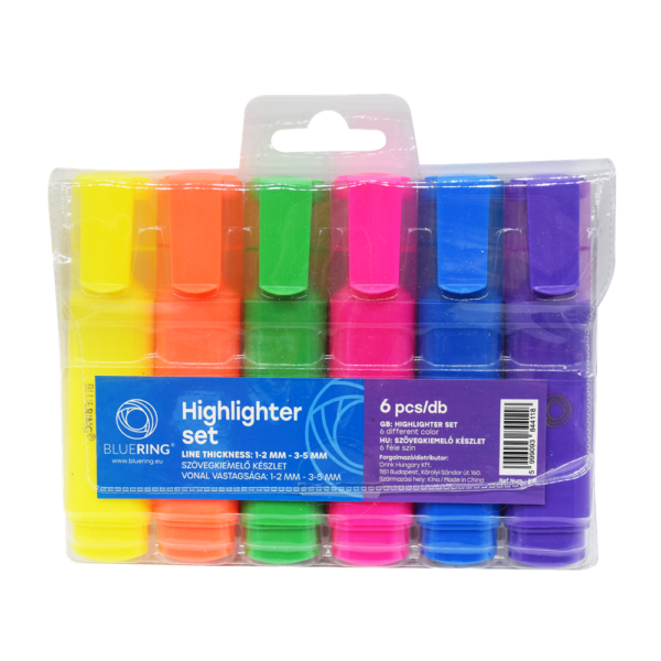 Szövegkiemelő lapos testű készlet, Bluering® 6 klf. szín