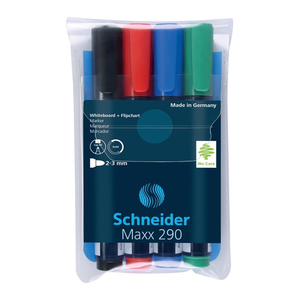 Tábla- és flipchart marker készlet 2-3mm, kerek végű Schneider Maxx 290, 4 klf. szín - Image 2