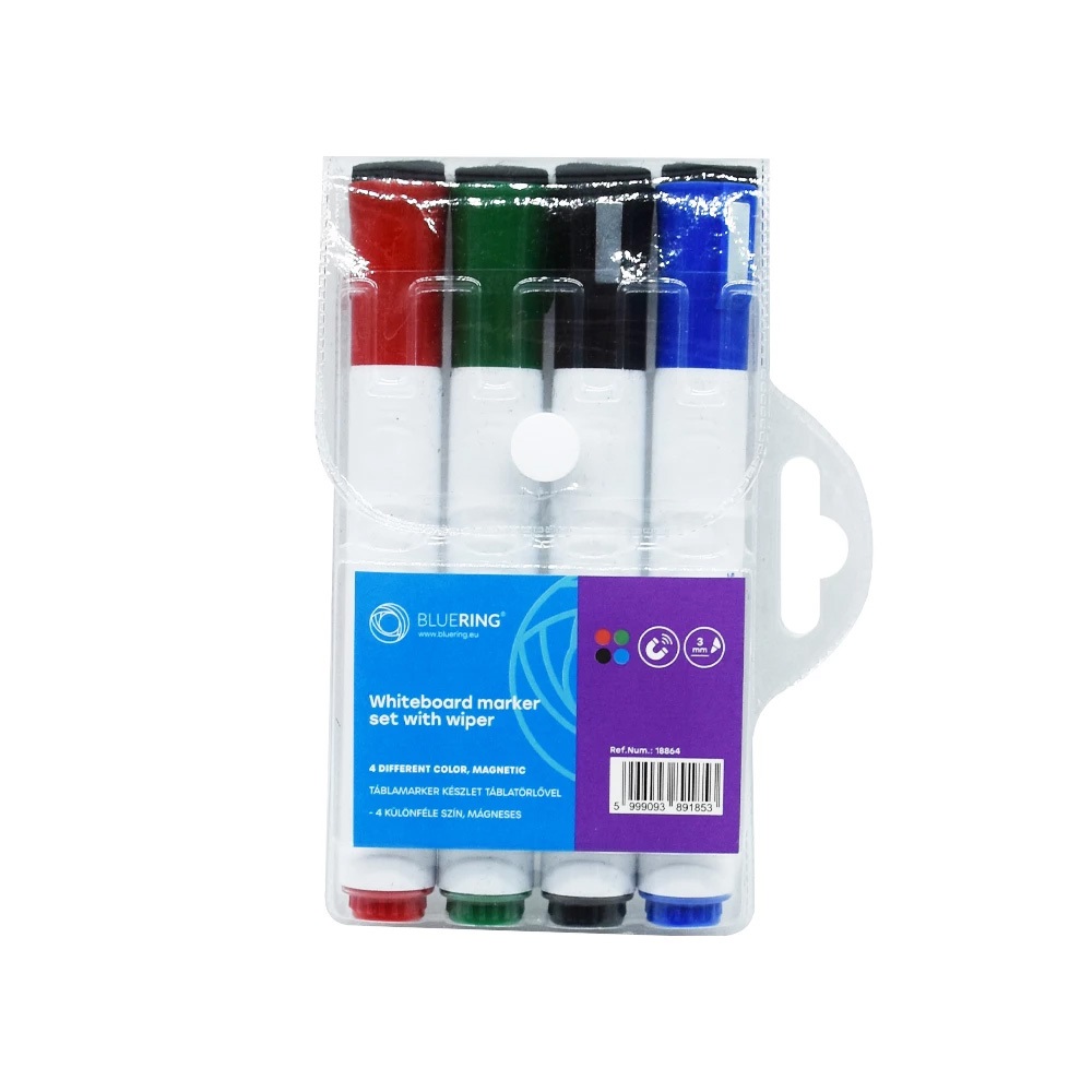 Táblamarker készlet, 3mm, mágneses, törlővel multifunkciós kerek Bluering®, 4 klf. szín - Image 2