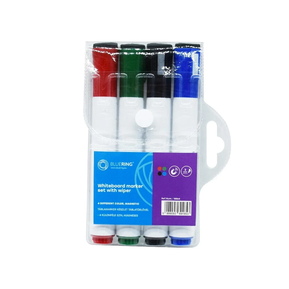Táblamarker készlet, 3mm, mágneses, törlővel multifunkciós kerek Bluering®, 4 klf. szín - Image 2