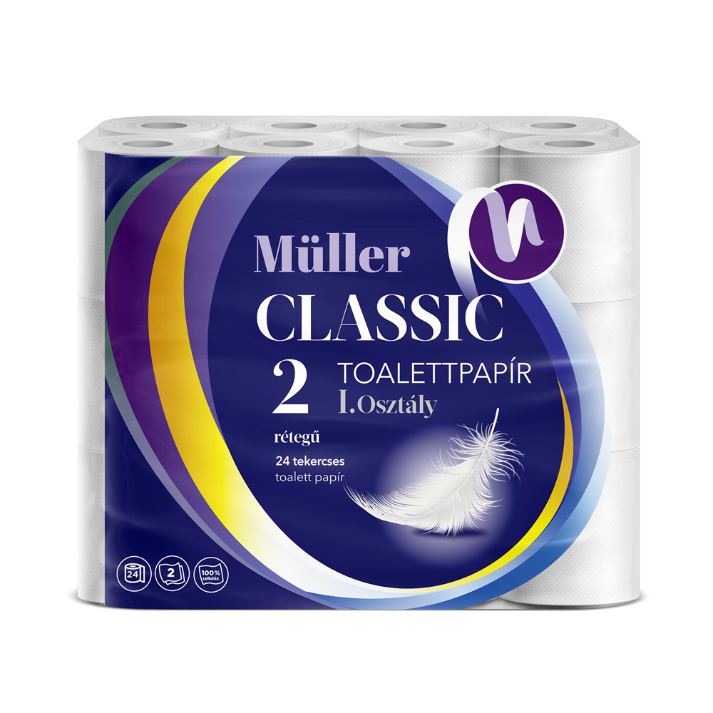 Toalettpapír 2 rétegű kistekercses 100% cellulóz 100 lap/tekercs 24 tekercs/csomag Müller Classic