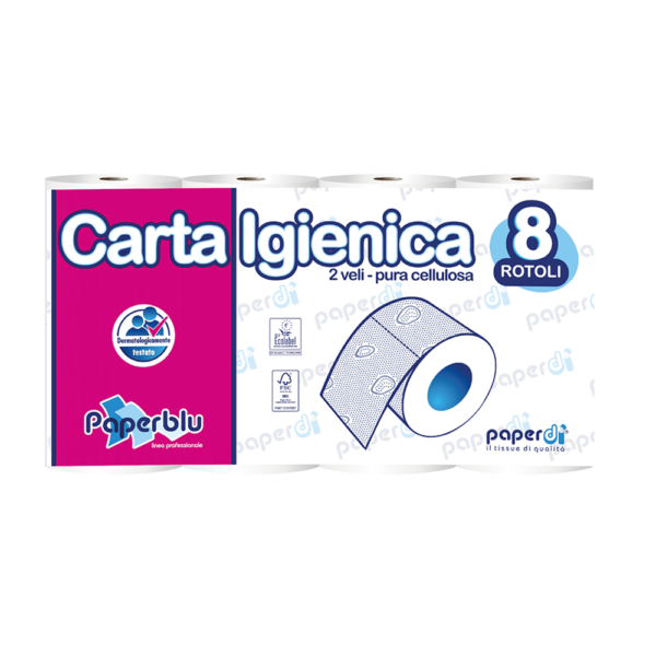 Toalettpapír 2 rétegű kistekercses 100% cellulóz 150 lap/tekercs 8 tekercs/csomag Paperblu Carta Igienica_Paperdi