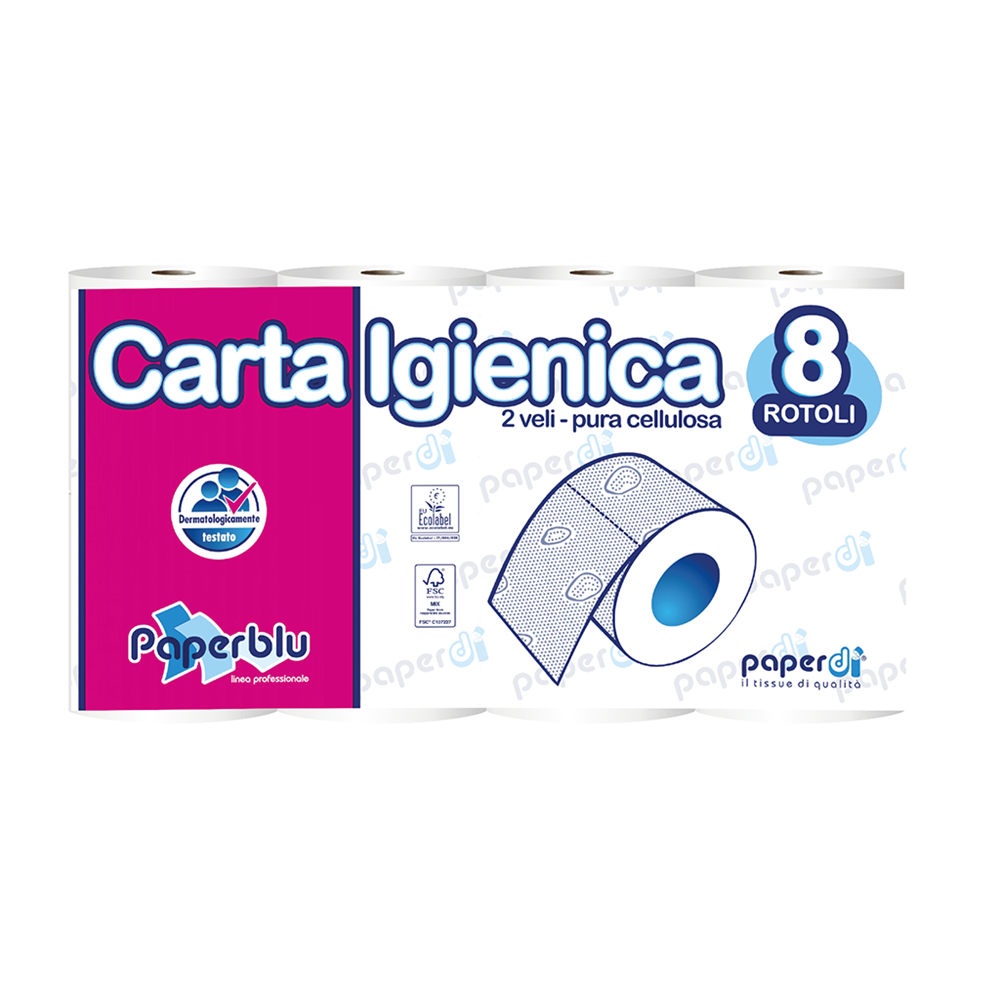 Toalettpapír 2 rétegű kistekercses 100% cellulóz 150 lap/tekercs 8 tekercs/csomag Paperblu Carta Igienica_Paperdi