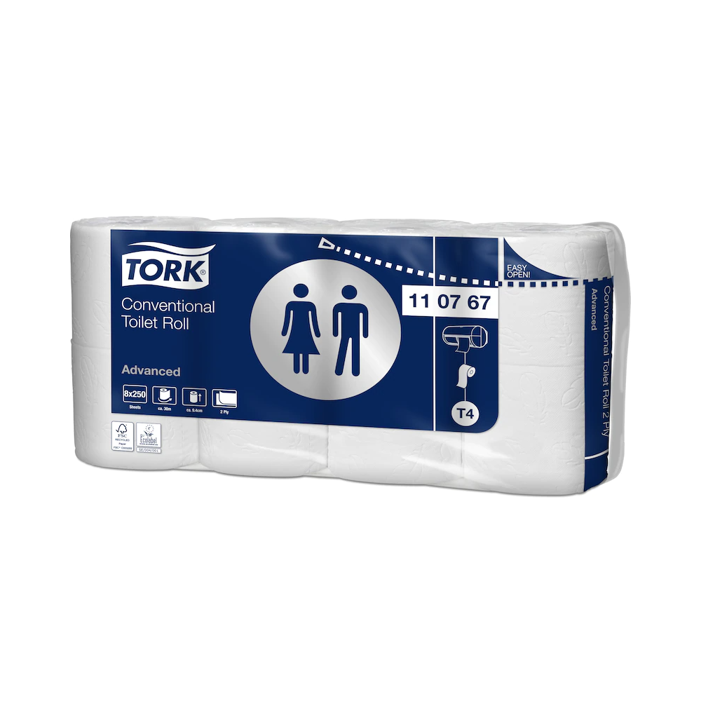 Toalettpapír 2 rétegű kistekercses átmérő: 10,3 cm 250 lap/30 m/tekercs 8 tekercs/csomag T4 Tork_110767 fehér