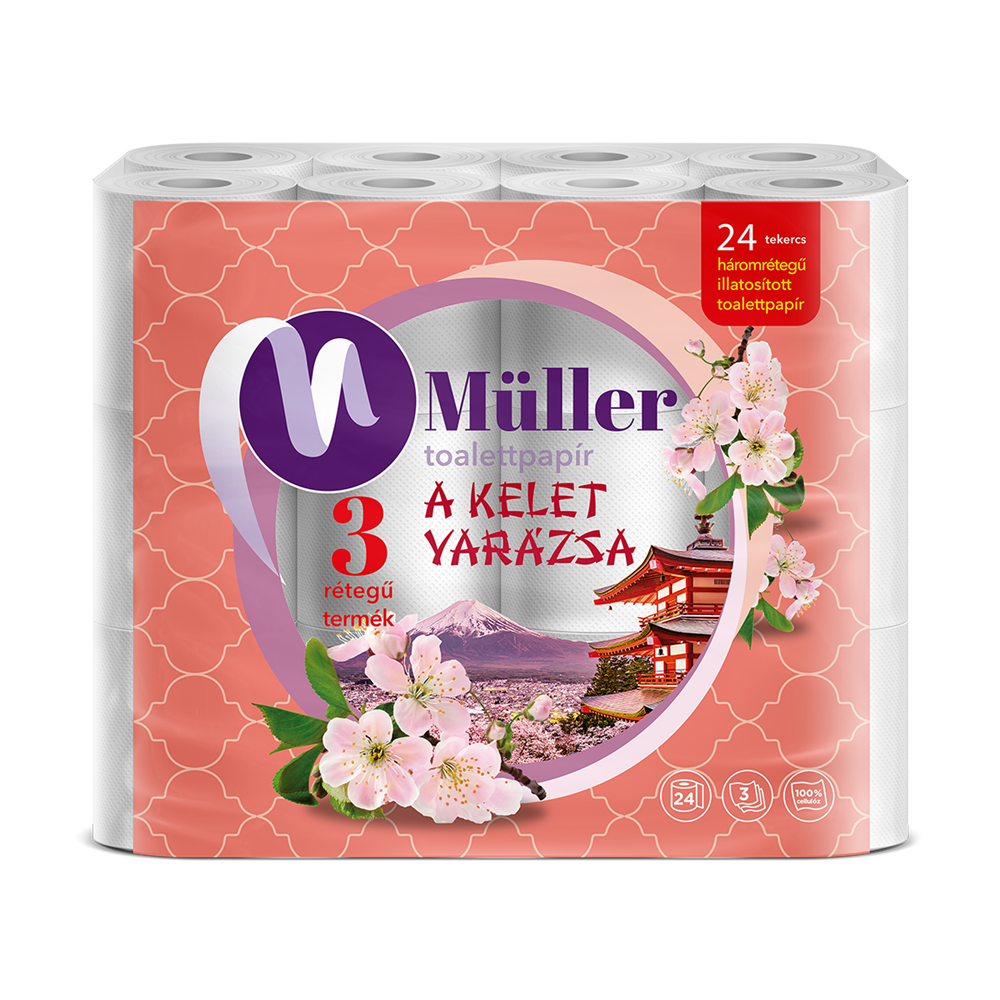 Toalettpapír 3 rétegű kistekercses 100% cellulóz 100 lap/tekercs 24 tekercs/csomag Kelet Varázsa Müller fehér