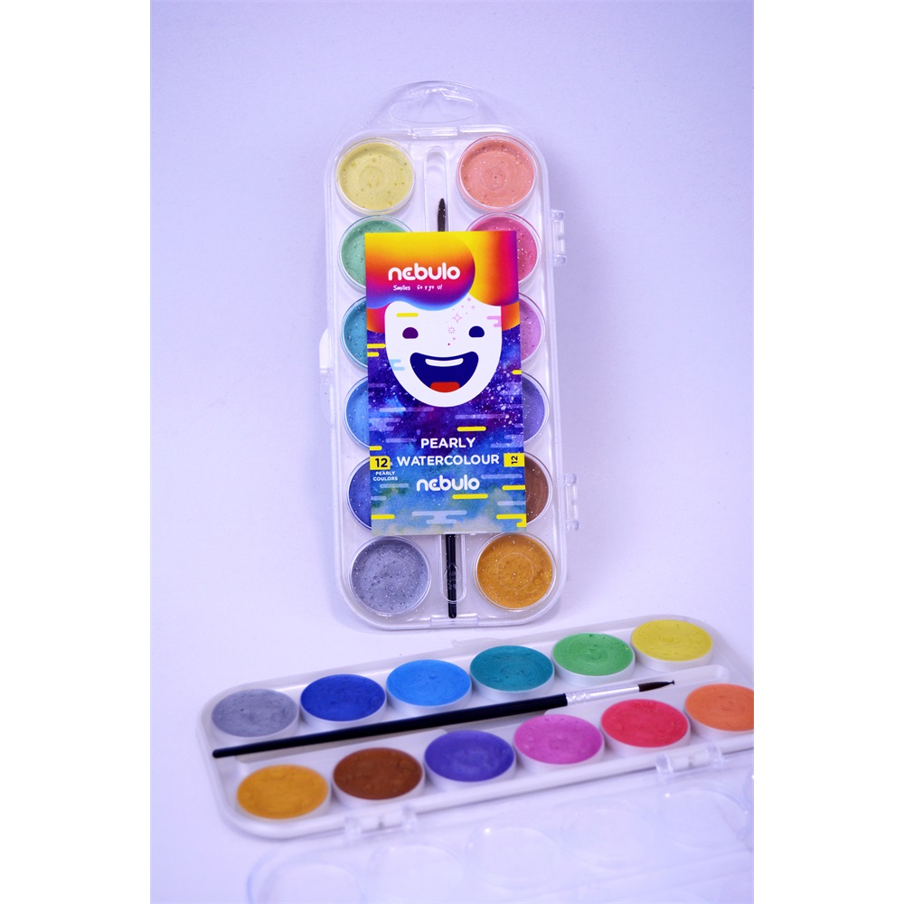 Vízfesték készlet, 12db-os, gyöngyház színű, 30mm festékgombokkal Nebulo - Image 2