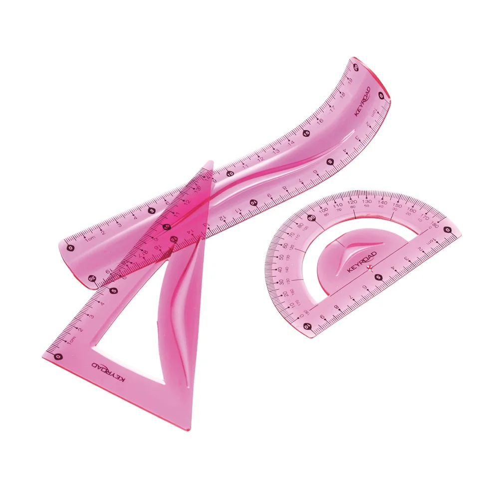 Vonalzókészlet, 20 cm, flexibilis vonalzó, szögmérő, derékszög vonalzó, 3 db/bliszter Keyroad vegyes színek - Image 2