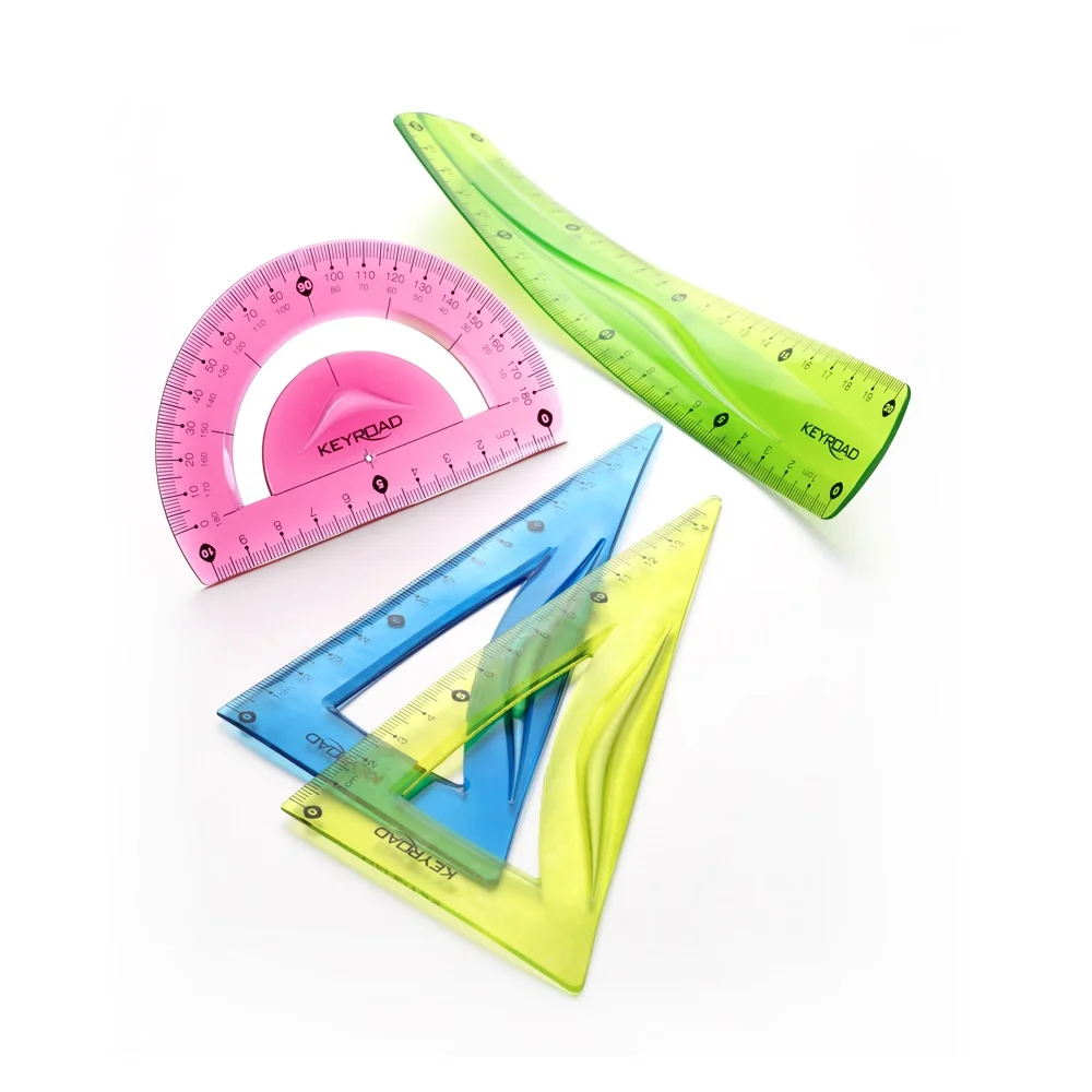 Vonalzókészlet, 20 cm, flexibilis vonalzó, szögmérő, derékszög vonalzó, 3 db/bliszter Keyroad vegyes színek - Image 3