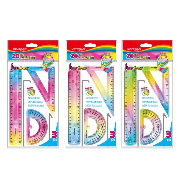 Vonalzókészlet, 20 cm, flexibilis vonalzó, szögmérő, derékszög vonalzó, 3 db/bliszter Keyroad Flex Draw vegyes színek