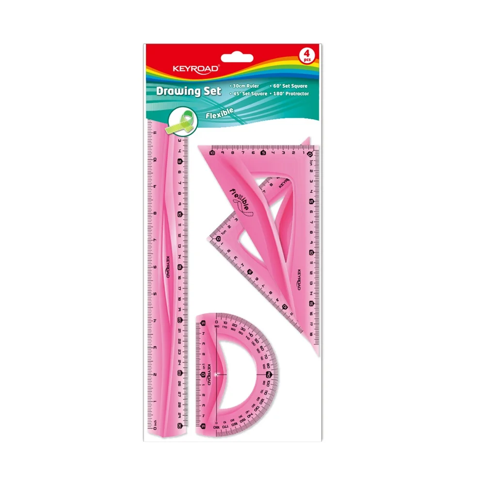 Vonalzókészlet, 30 cm, flexibilis vonalzó, szögmérő, 45° és 60° háromszög vonalzók 4 db/bliszter Keyroad vegyes színek