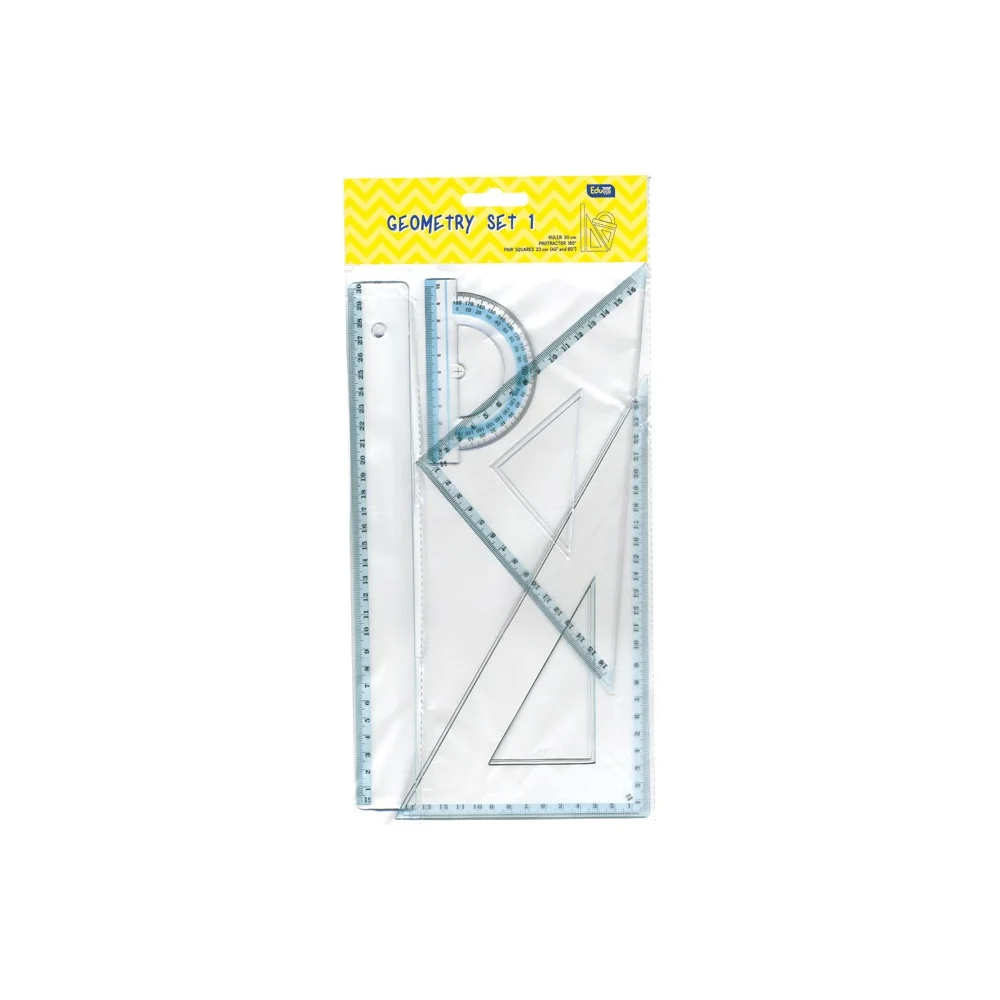 Vonalzókészlet, 30 cm egyenes vonalzó, szögmérő, 45° 16 cm és 60°, 23 cm háromszög vonalzó, 4 db/bliszter Educa
